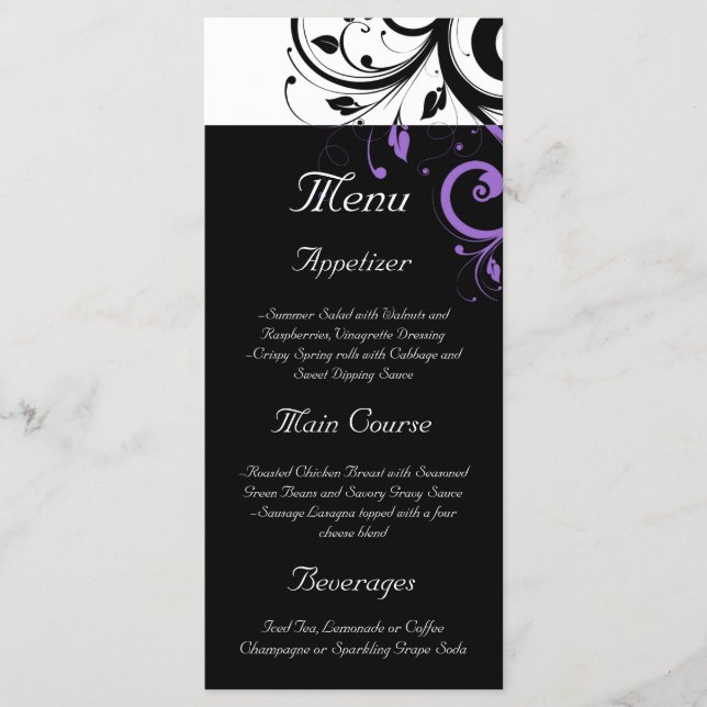Black and White with Purple Swirl Accent Menu (Front)