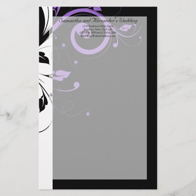 Black and White with Purple Swirl Accent Stationery (Front)