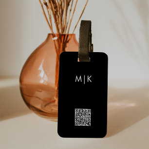 Black and White with QR Code   Modern Monogram Luggage Tag