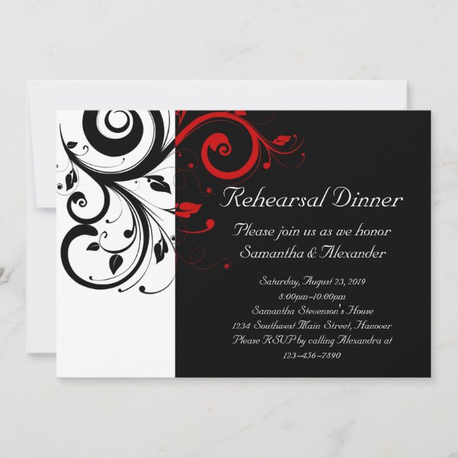 Black and White with Red Reverse Swirl Invitation (Front)