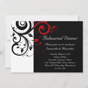 Black and White with Red Reverse Swirl Invitation