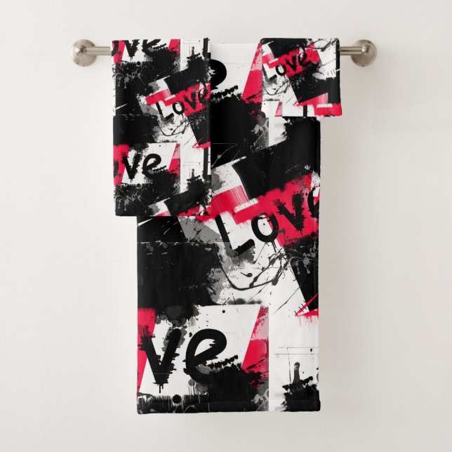 Black and white with red spots love pattern bath towel set (Insitu)