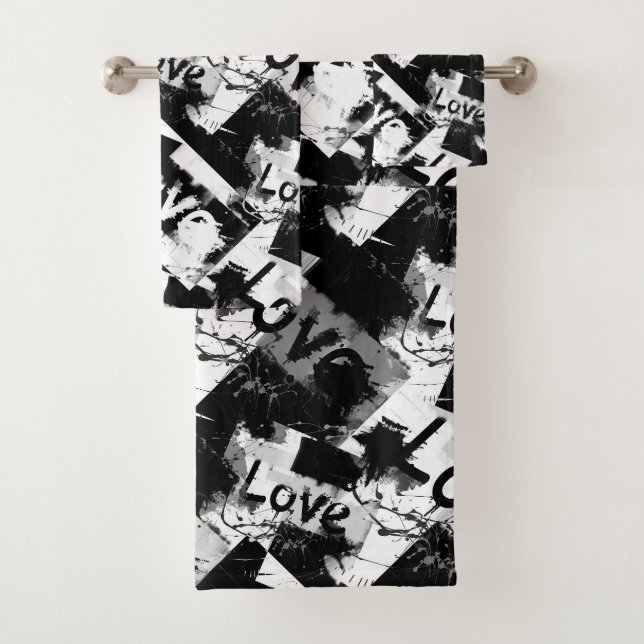 Black and white with spots pattern of love bath towel set (Insitu)