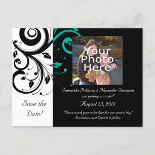 Black and White with Teal Reverse Swirl Announcement Postcard