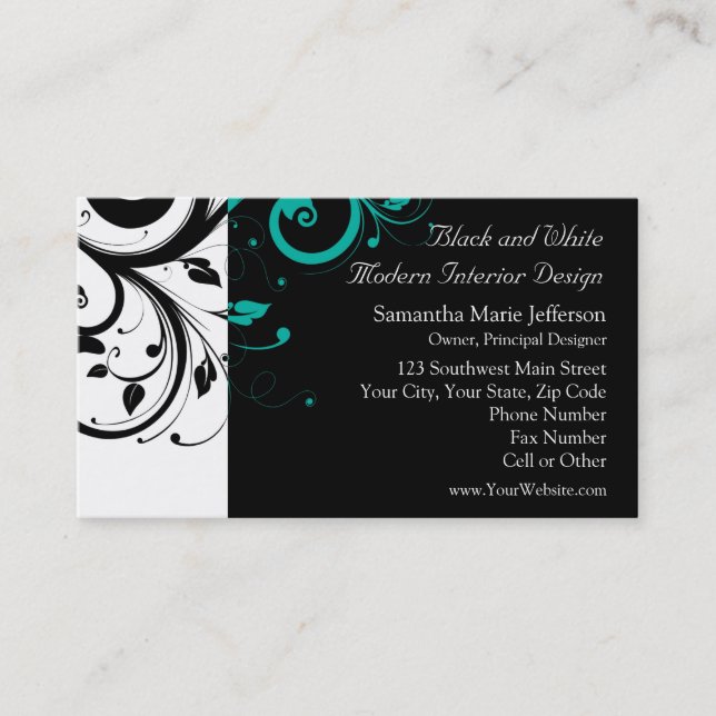 Black and White with Teal Reverse Swirl Business Card (Front)
