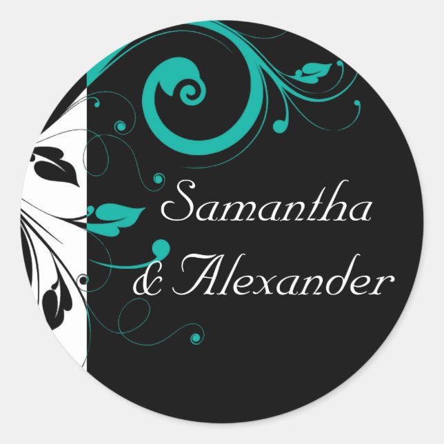Black and White with Teal Reverse Swirl Classic Round Sticker (Front)
