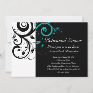 Black and White with Teal Reverse Swirl Invitation