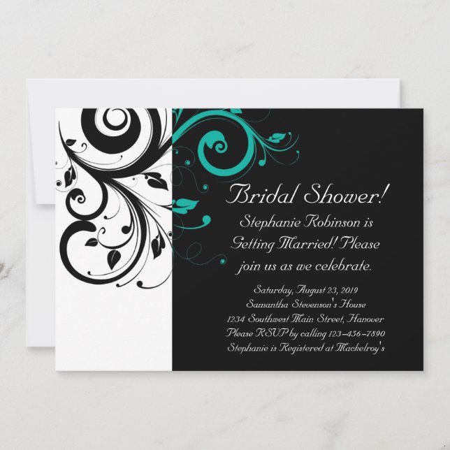 Black and White with Teal Reverse Swirl Invitation (Front)