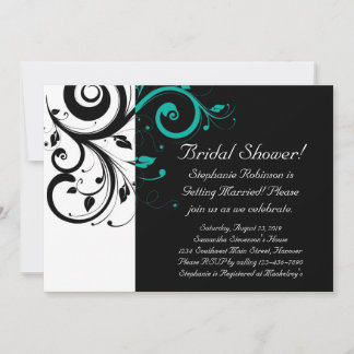 Black and White with Teal Reverse Swirl Invitation