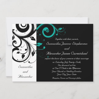 Black and White with Teal Reverse Swirl Invitation