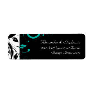 Black and White with Teal Reverse Swirl Return Address Label
