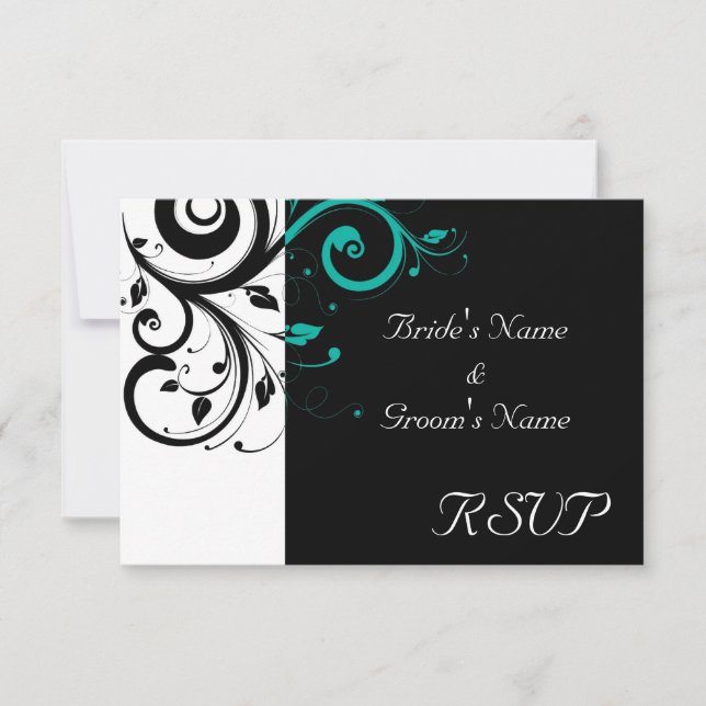 Black and White with Teal Reverse Swirl RSVP Card (Front)