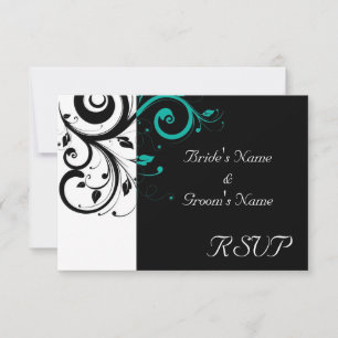 Black and White with Teal Reverse Swirl RSVP Card