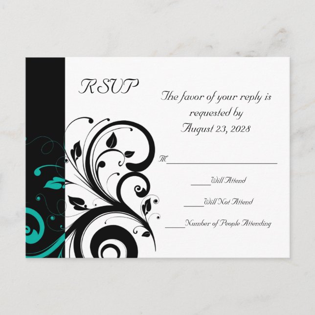 Black and White with Teal Reverse Swirl RSVP Invitation Postcard (Front)