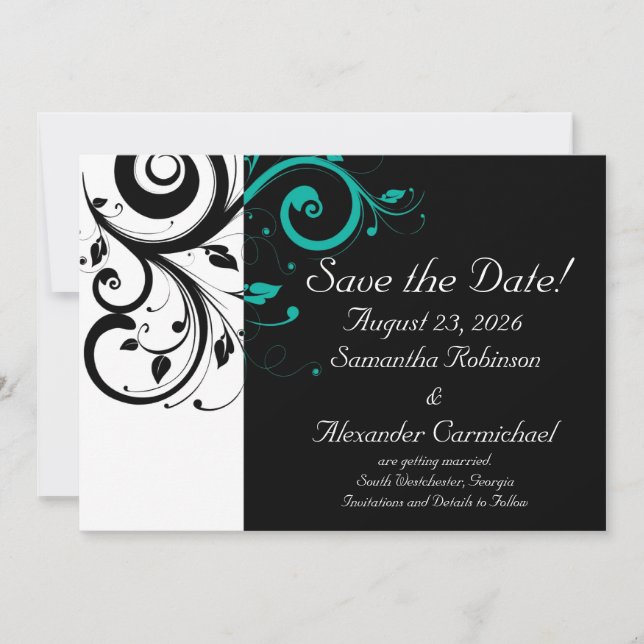 Black and White with Teal Reverse Swirl Save The Date (Front)