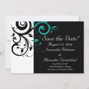 Black and White with Teal Reverse Swirl Save The Date