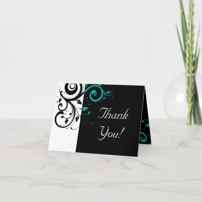 Black and White with Teal Reverse Swirl Thank You Card (Front)