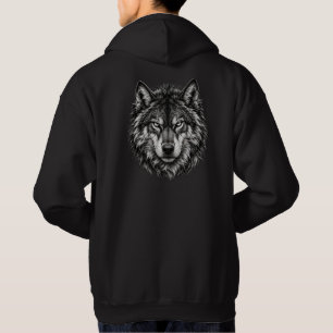 Black and White Wolf Detailed Sketch Back Print Gr Hoodie