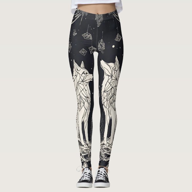 Black and White Wolf Geometric Leggings (Front)