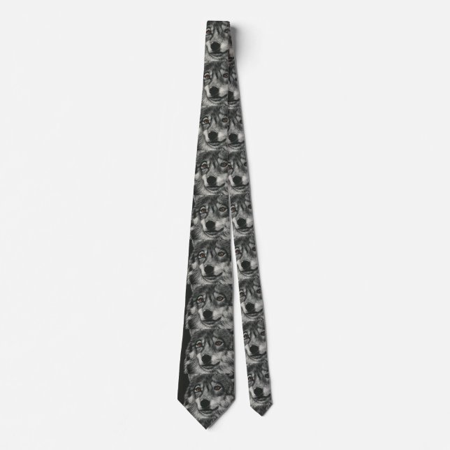 Black and white wolf illustration tie (Front)