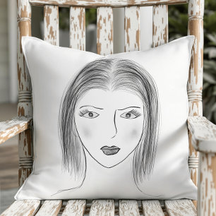 Black and White Woman Face Sketch Cushion