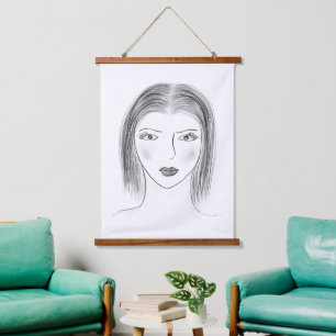 Black and White Woman Face Sketch for Gallery Wall Hanging Tapestry