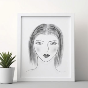 Black and White Woman Face Sketch for Gallery Wall Poster