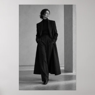 Black and White Woman in Long Coat Fashion Portrai Poster