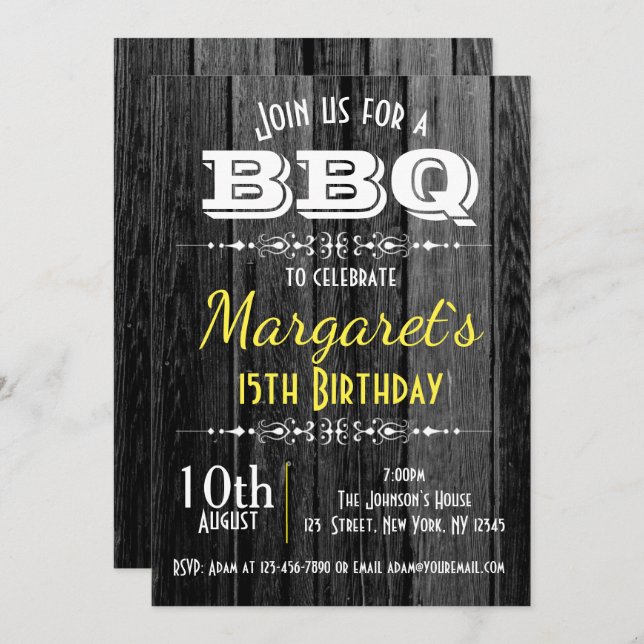 Black and White Wood BBQ Birthday Party Invite (Front/Back)