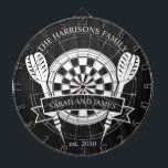 Black and White Wood Family Custom Name Wedding Dartboard<br><div class="desc">Celebrate your special day with the Black and White Wood Family Custom Name Wedding Dart Board. Featuring a timeless monochrome design, this dartboard can be personalised with the couple's last name, making it a unique keepsake or playful wedding gift. Perfect for adding charm to your home or for entertaining guests,...</div>