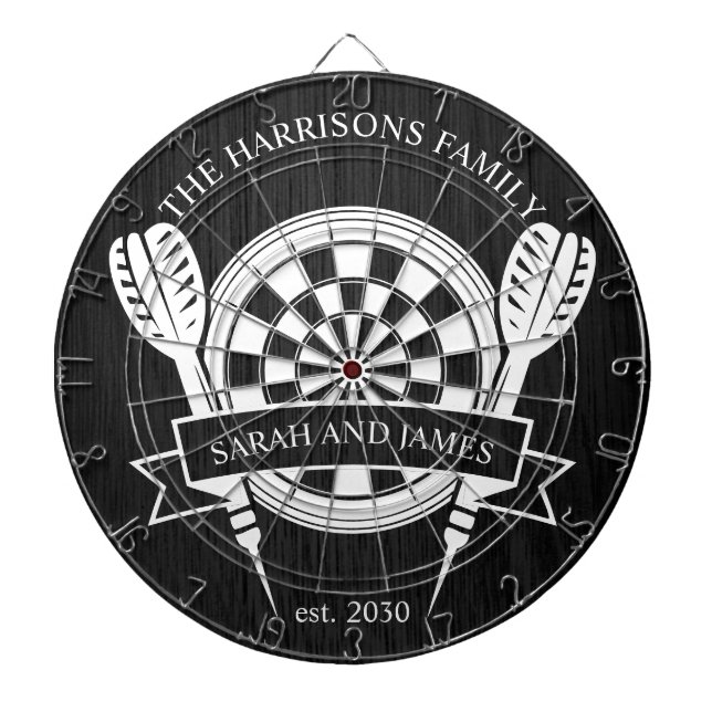 Black and White Wood Family Custom Name Wedding Dartboard (Front)