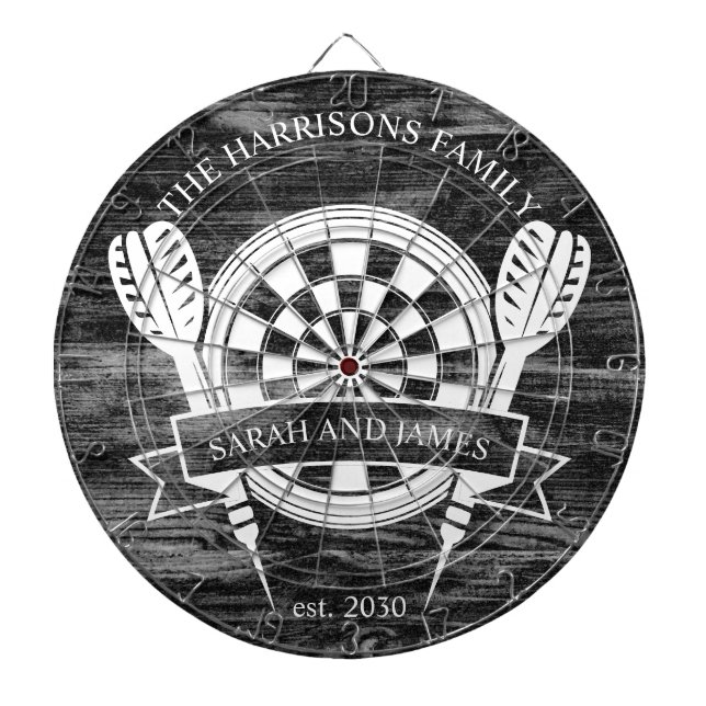 Black and White Wood Family Custom Name Wedding Dartboard (Front)