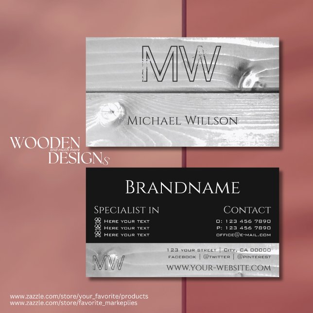 Black and White Wood Grain Wooden Boards Monogram Business Card (Creator Uploaded)