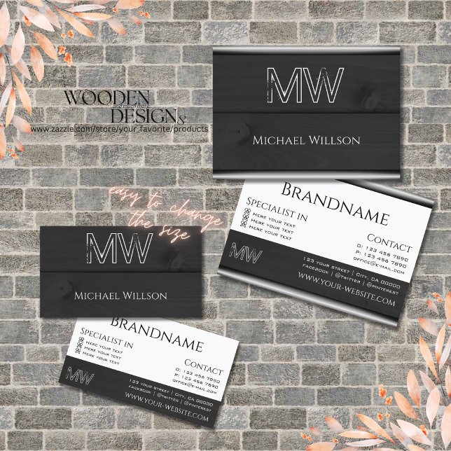 Black and White Wood Grain Wooden Boards Monogram Business Card (Creator Uploaded)