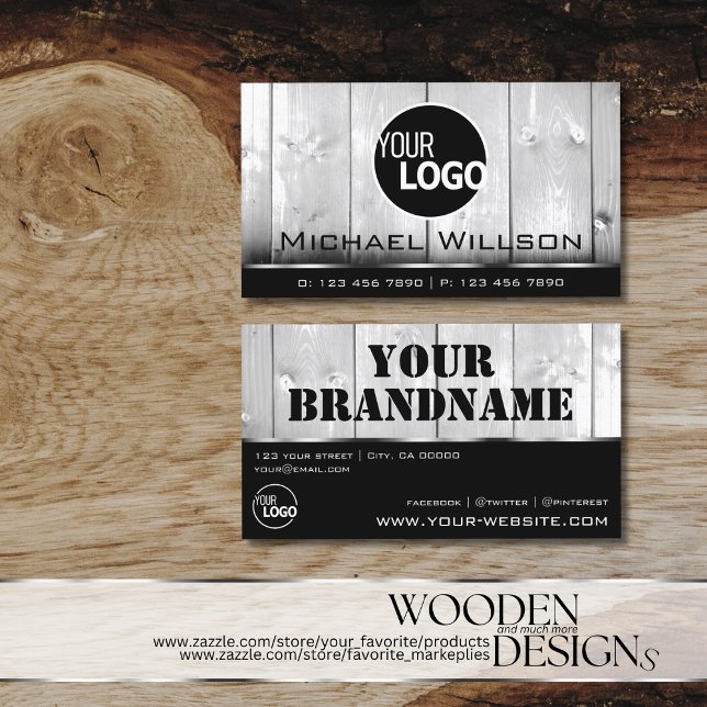 Black and White Wooden Boards Wood Grain Look Logo Business Card (Creator Uploaded)