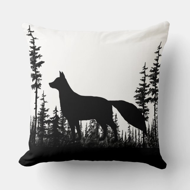 Black And White Woodland Pine Forest Fox  Cushion (Front)