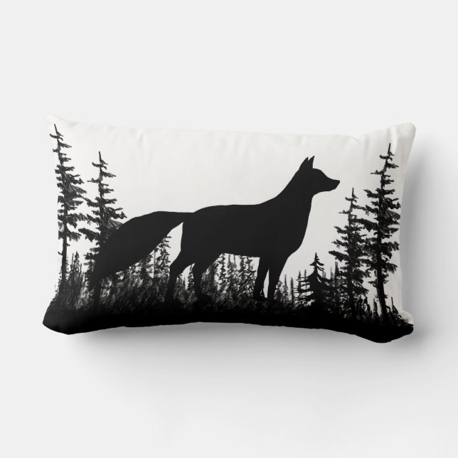 Black And White Woodland Pine Forest Fox Lumbar Cushion (Back)