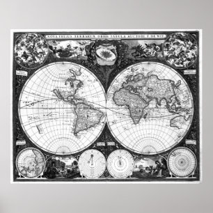 Black and White World Map (1665) Poster