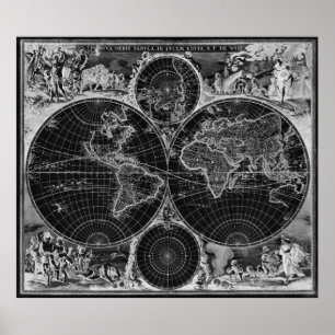 Black and White World Map (1670) Inverse Poster