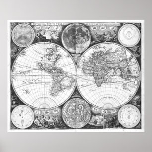 Black and White World Map (1672) Poster