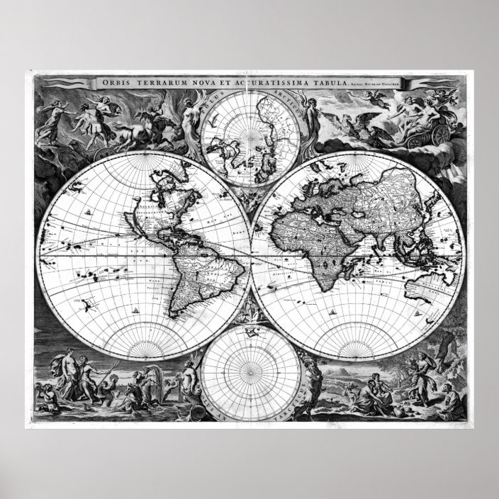 Black and White World Map (1690) Poster | Zazzle.com.au