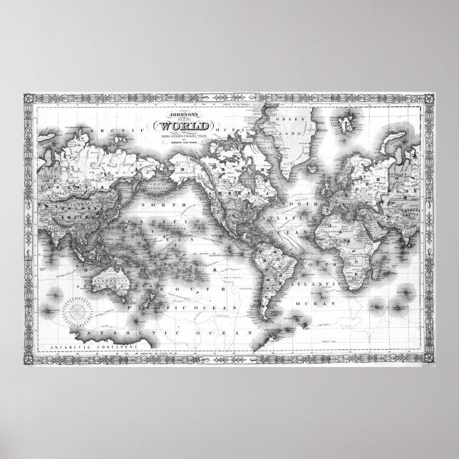 Black and White World Map (1864) 2 Poster (Front)