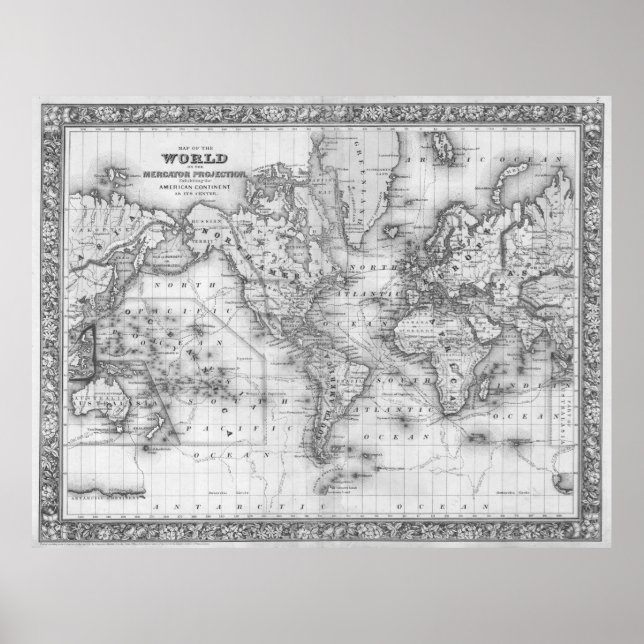 Black and White World Map (1864) Poster (Front)