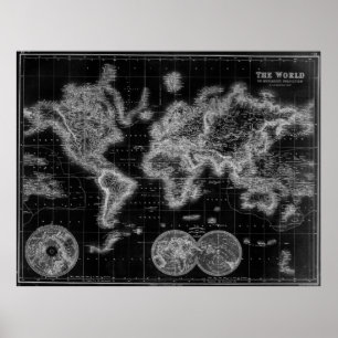 Black and White World Map (1872) Inverse Poster