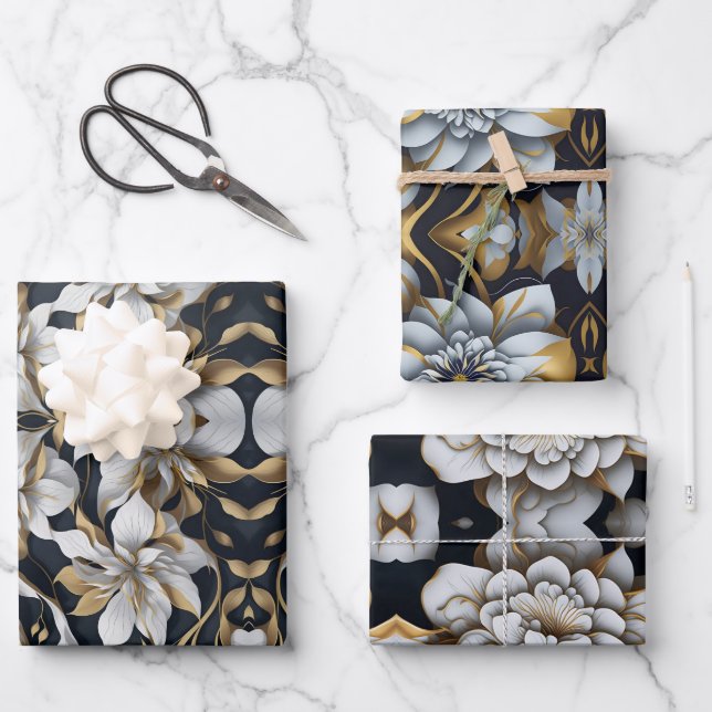 Black And White Wrapping Paper Flat Sheet Set of 3 (Front)