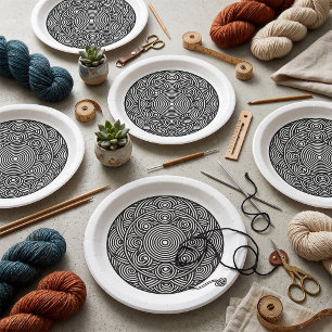 Black and White Yarn Ball Mandala Paper Plate
