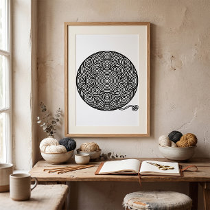 Black and White Yarn Ball Mandala Poster
