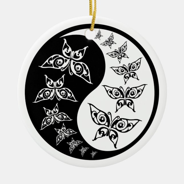 Black And White Yin Yang Tao Butterflies Ceramic Ornament (Front)