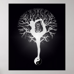 Black and white yoga tree with woman and yin yang. poster