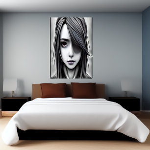 black and white young lady AI Art Poster
